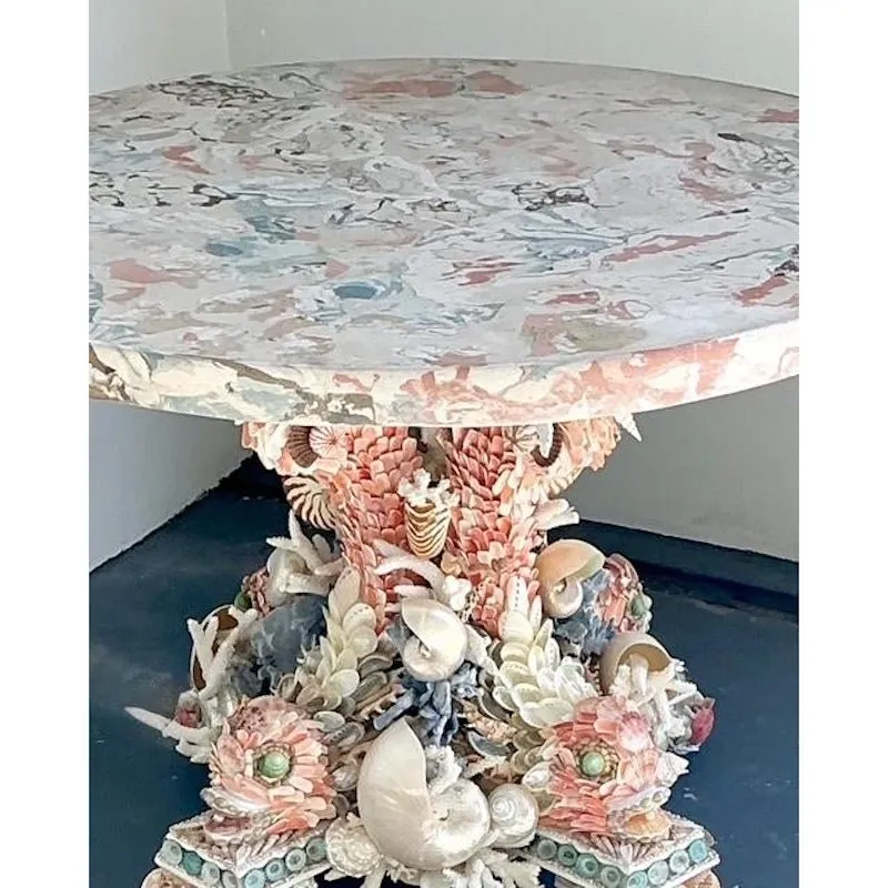 Vintage Shell Encrusted Center Hall Table With Scagliola Pigmented Plaster Top — additional photo 1