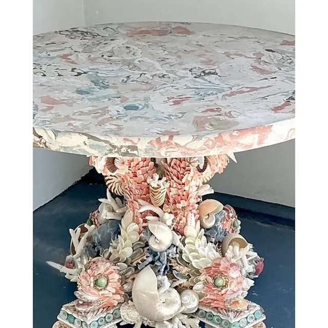 Vintage Shell Encrusted Center Hall Table With Scagliola Pigmented Plaster Top — additional photo 1