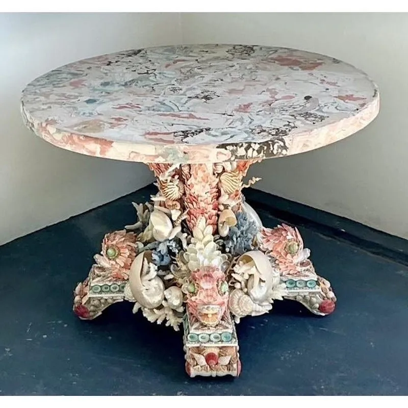 Vintage Shell Encrusted Center Hall Table With Scagliola Pigmented Plaster Top — additional photo 2