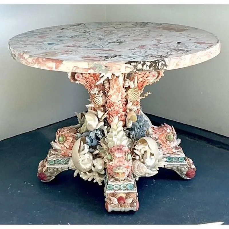 Vintage Shell Encrusted Center Hall Table With Scagliola Pigmented Plaster Top — additional photo 3
