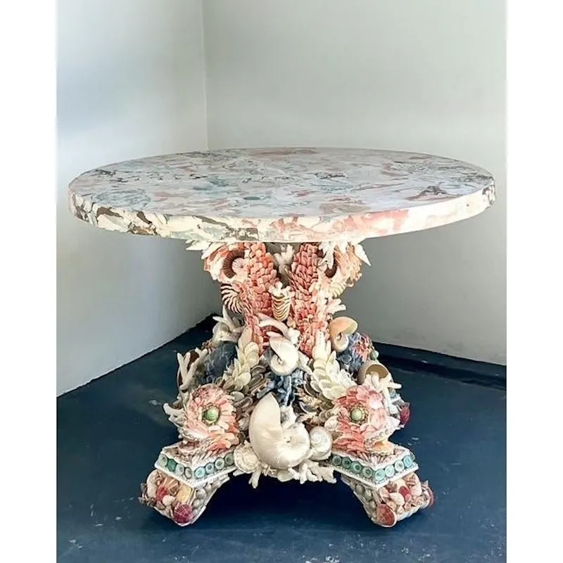 Vintage Shell Encrusted Center Hall Table With Scagliola Pigmented Plaster Top — additional photo 4