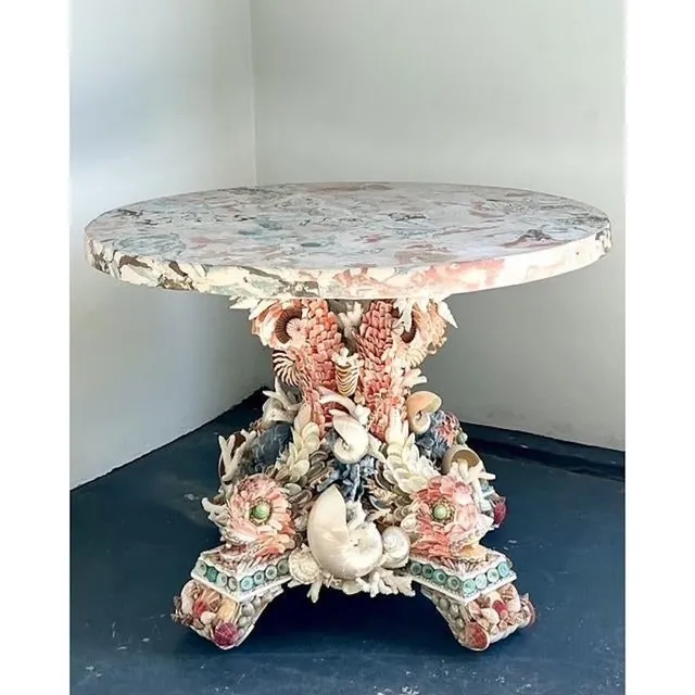 Vintage Shell Encrusted Center Hall Table With Scagliola Pigmented Plaster Top — additional photo 4