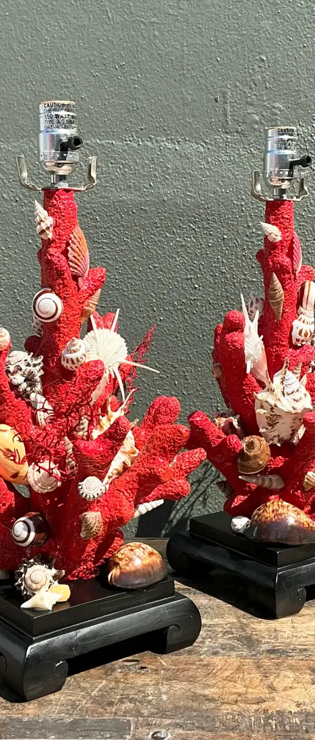 Vintage Shell Encrusted Faux Coral Lamps - A Pair
