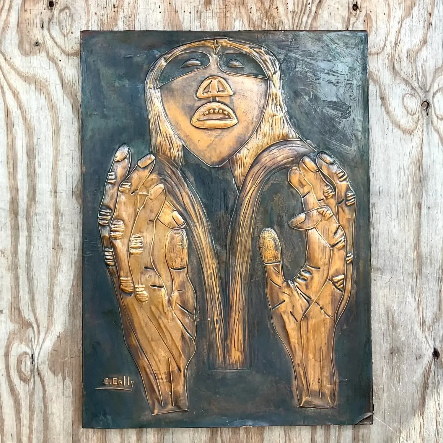 Vintage Signed Hand Hammered Copper Face — additional photo 2