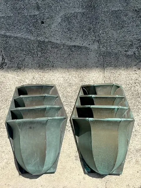 Vintage Stacked Patinated Copper Sconces - A Pair