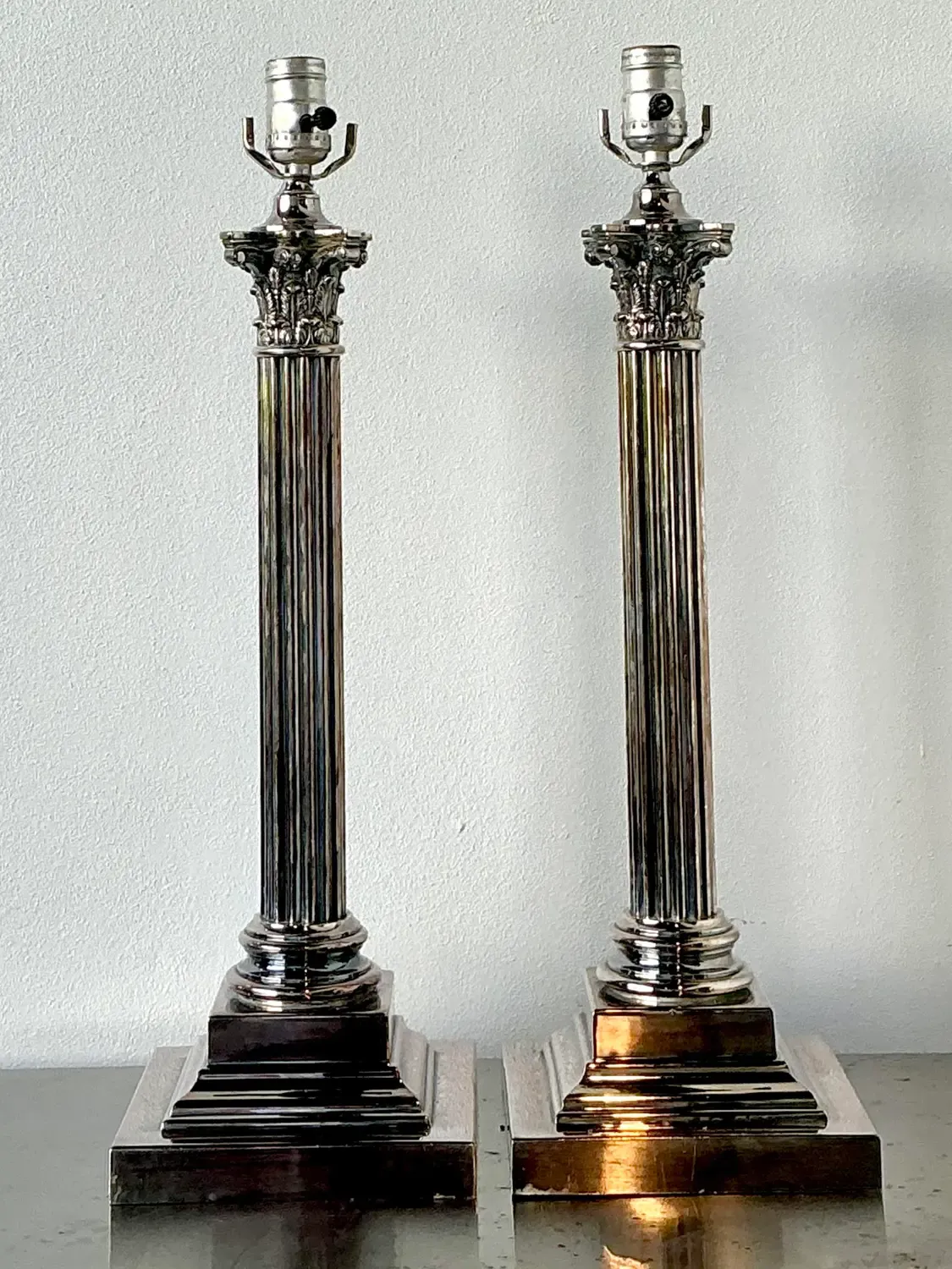Vintage Stamped English Silver Corinthian Column Candlestick Lamps - A Pair — additional photo 1