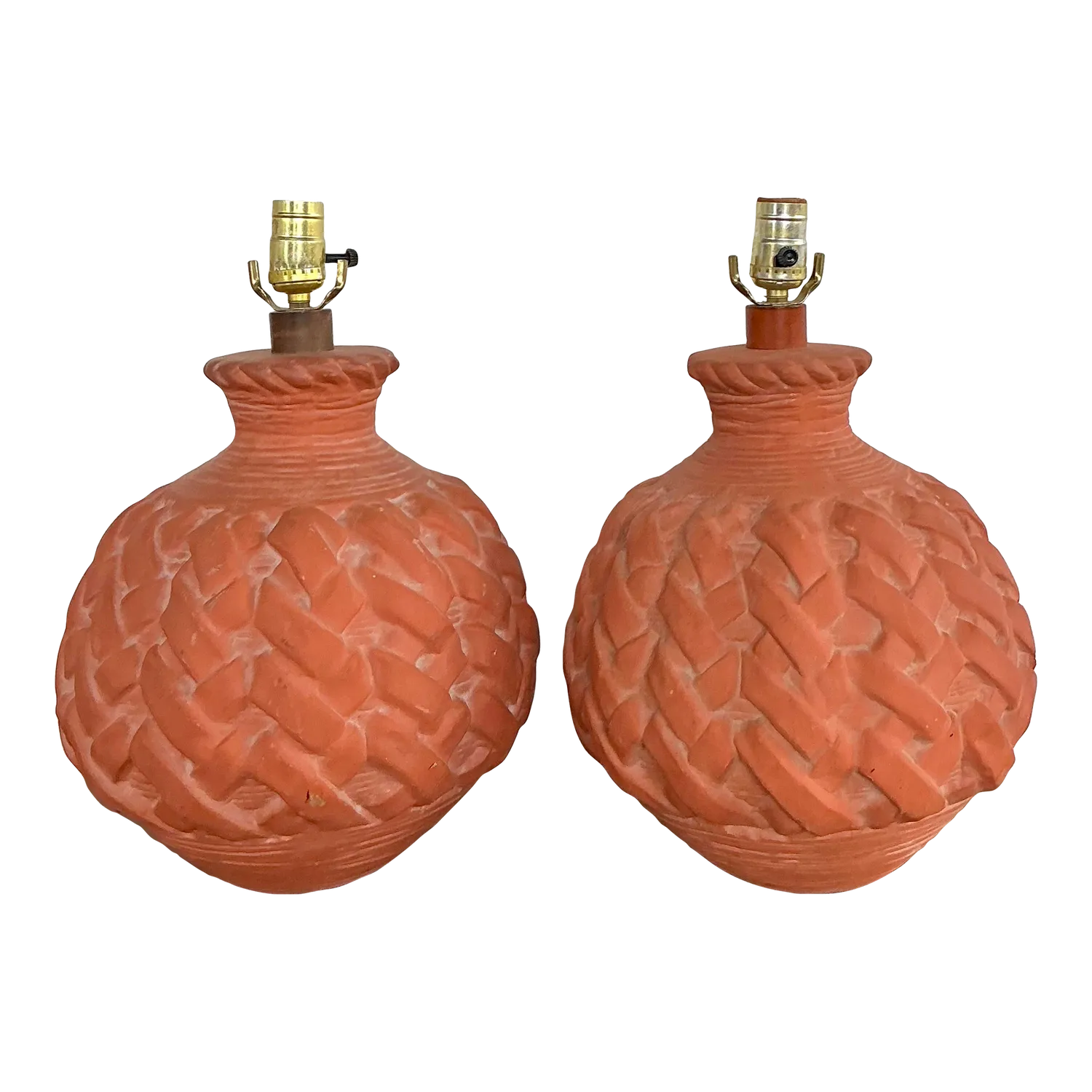 Vintage Terracotta Faux Weave Lamps - A Pair