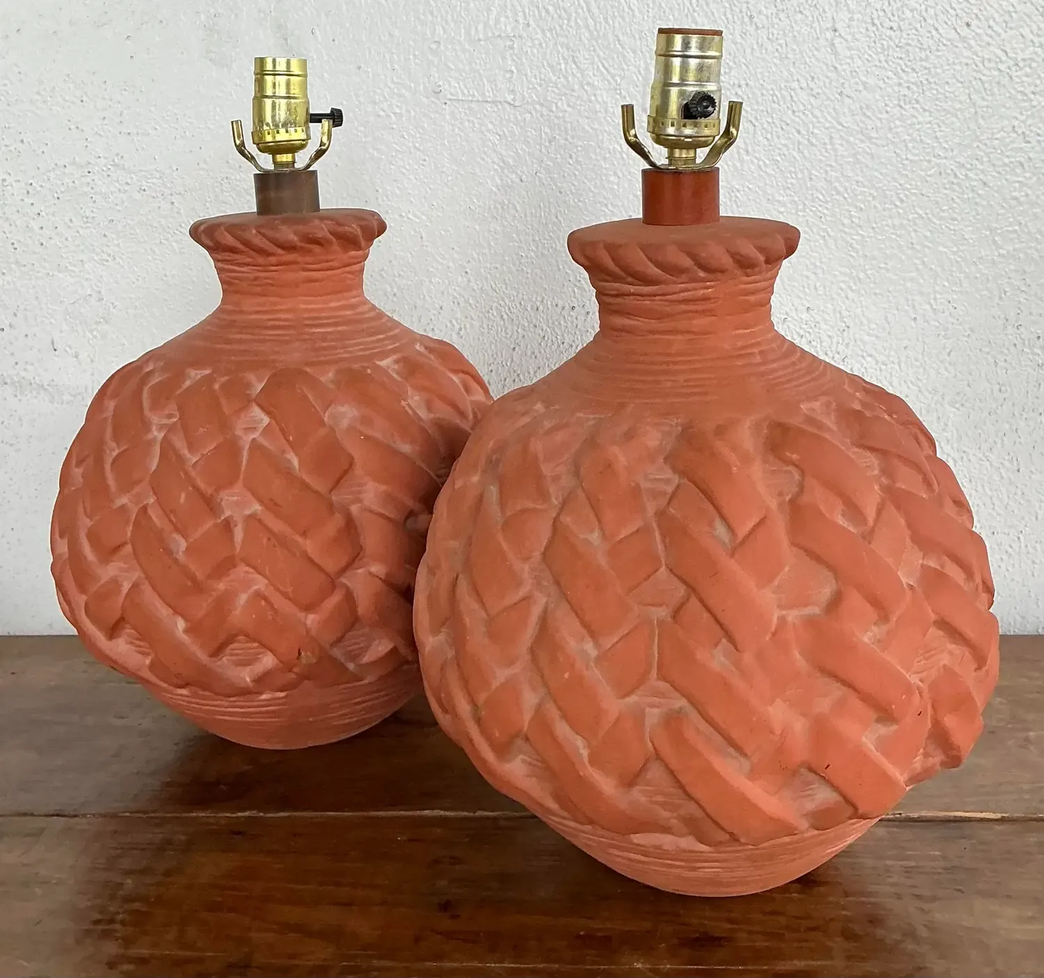 Vintage Terracotta Faux Weave Lamps - A Pair — additional photo 1