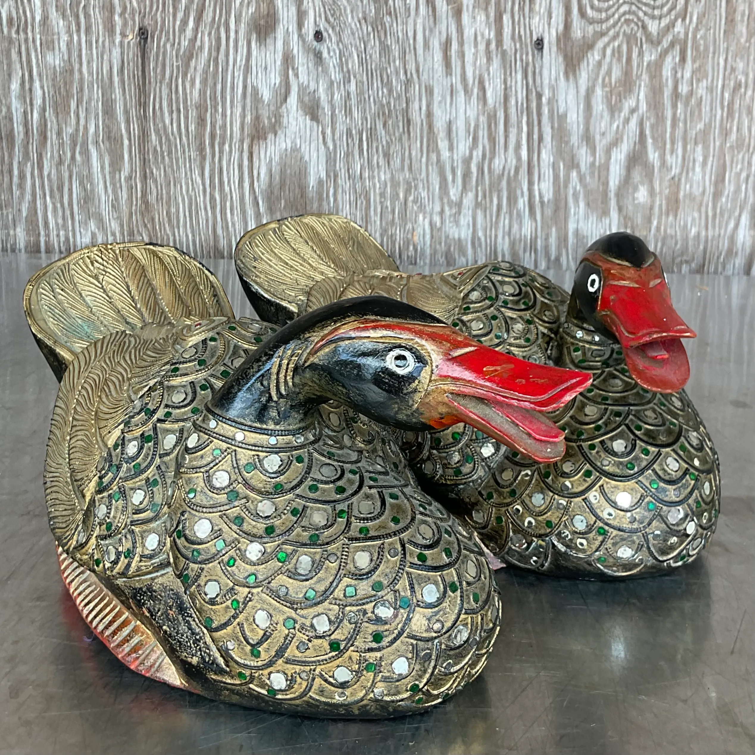 Vintage Tibetan Hand Painted Jeweled Ducks- a Pair — additional photo 1