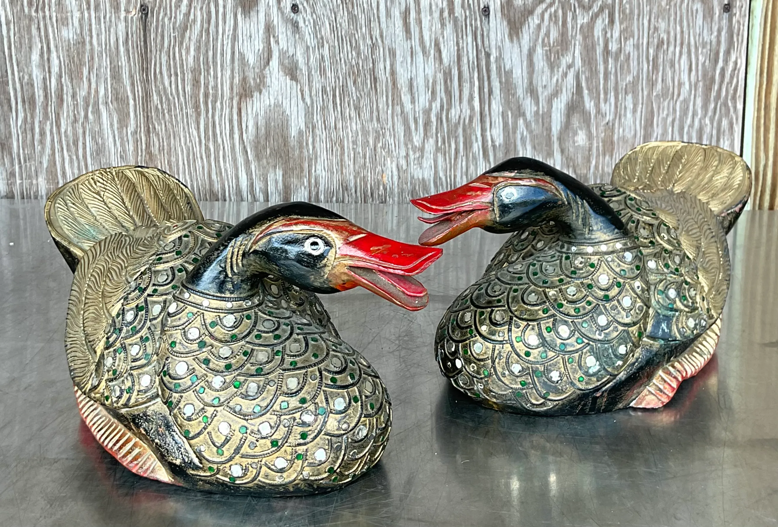 Vintage Tibetan Hand Painted Jeweled Ducks- a Pair — additional photo 2