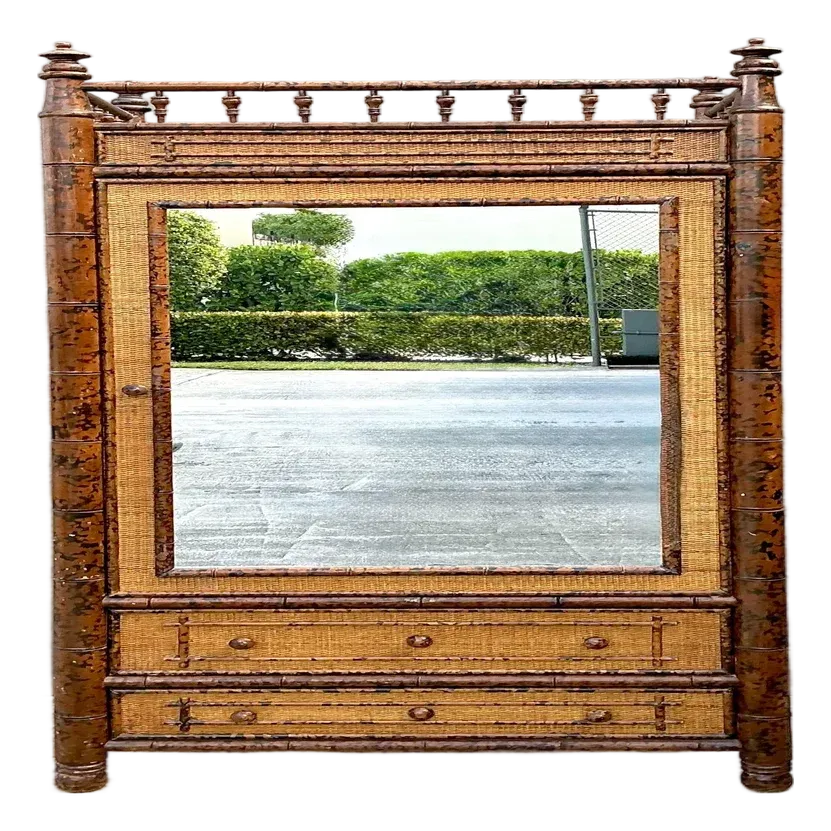 Vintage Tortoise Bamboo Mirror Front Armoire — additional photo 2