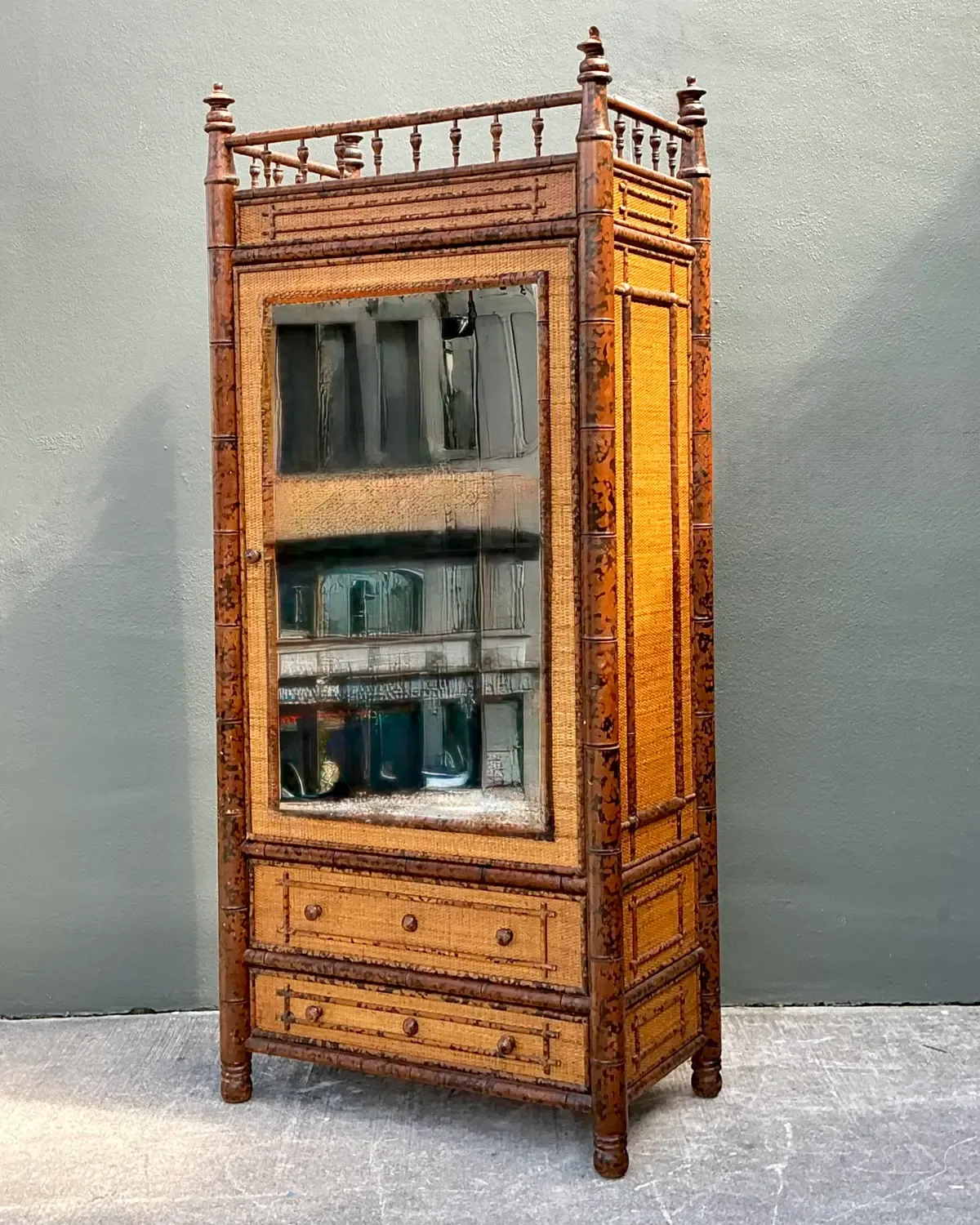 Vintage Tortoise Bamboo Mirror Front Armoire — additional photo 3