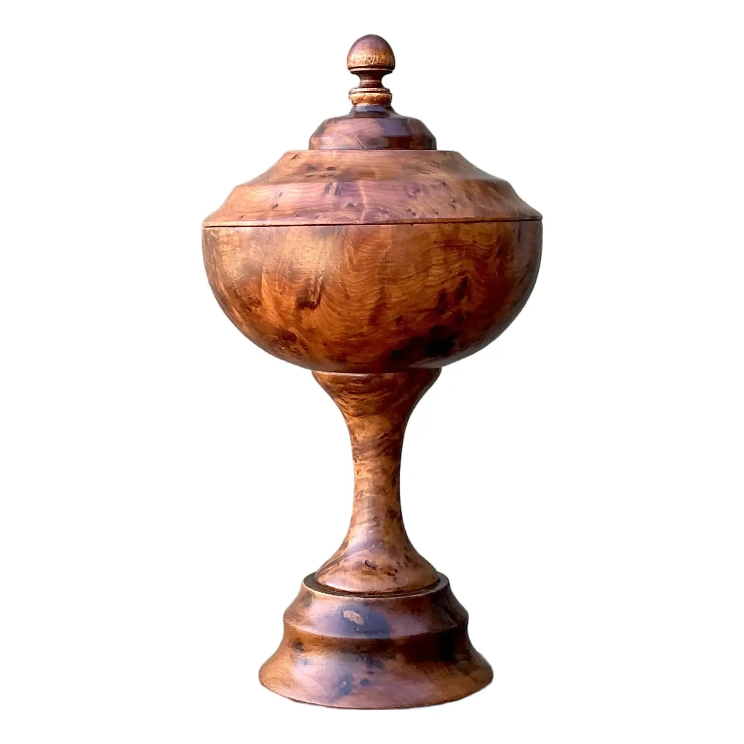 Vintage Turned Burl Wood Lidded Bowl on Pedestal — additional photo 1