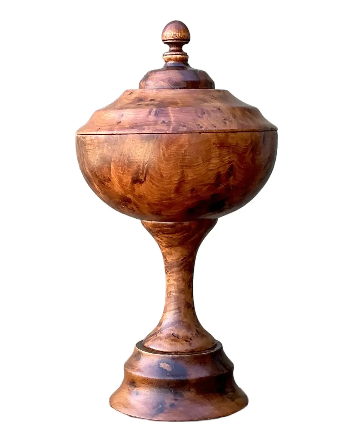 Vintage Turned Burl Wood Lidded Bowl on Pedestal