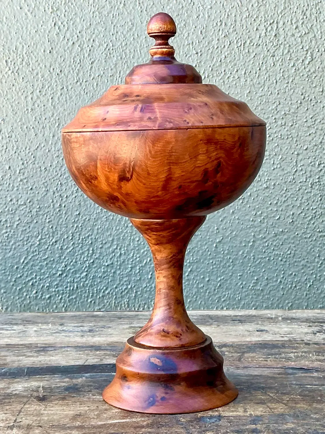 Vintage Turned Burl Wood Lidded Bowl on Pedestal — additional photo 2