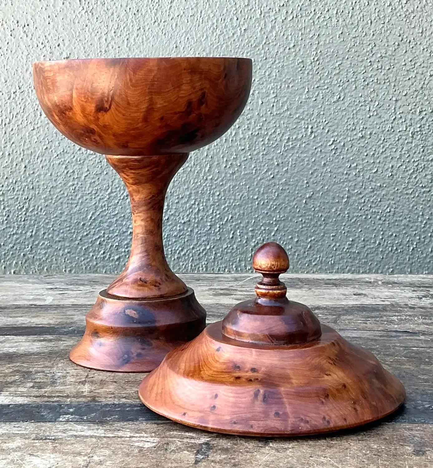 Vintage Turned Burl Wood Lidded Bowl on Pedestal — additional photo 3
