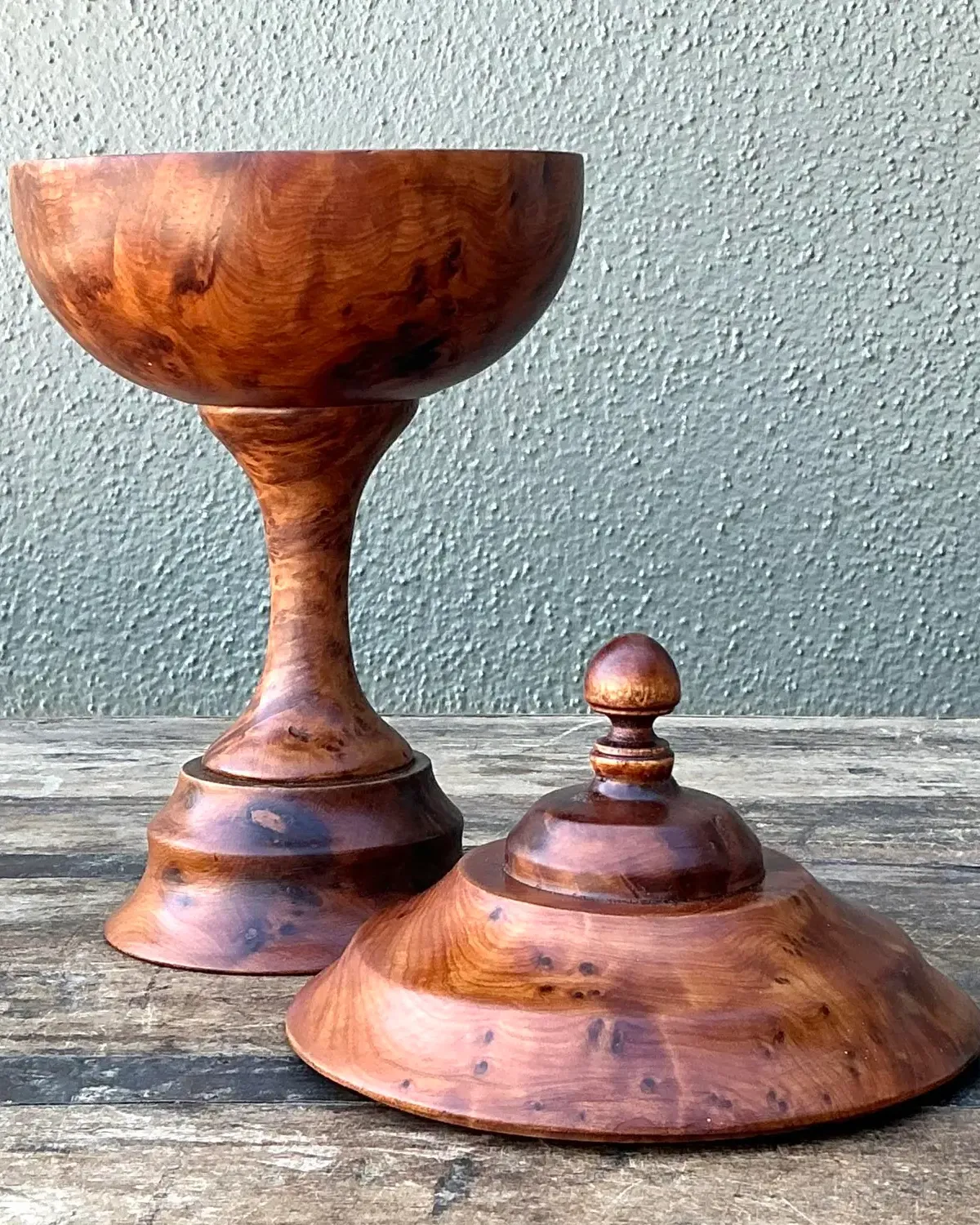 Vintage Turned Burl Wood Lidded Bowl on Pedestal — additional photo 3