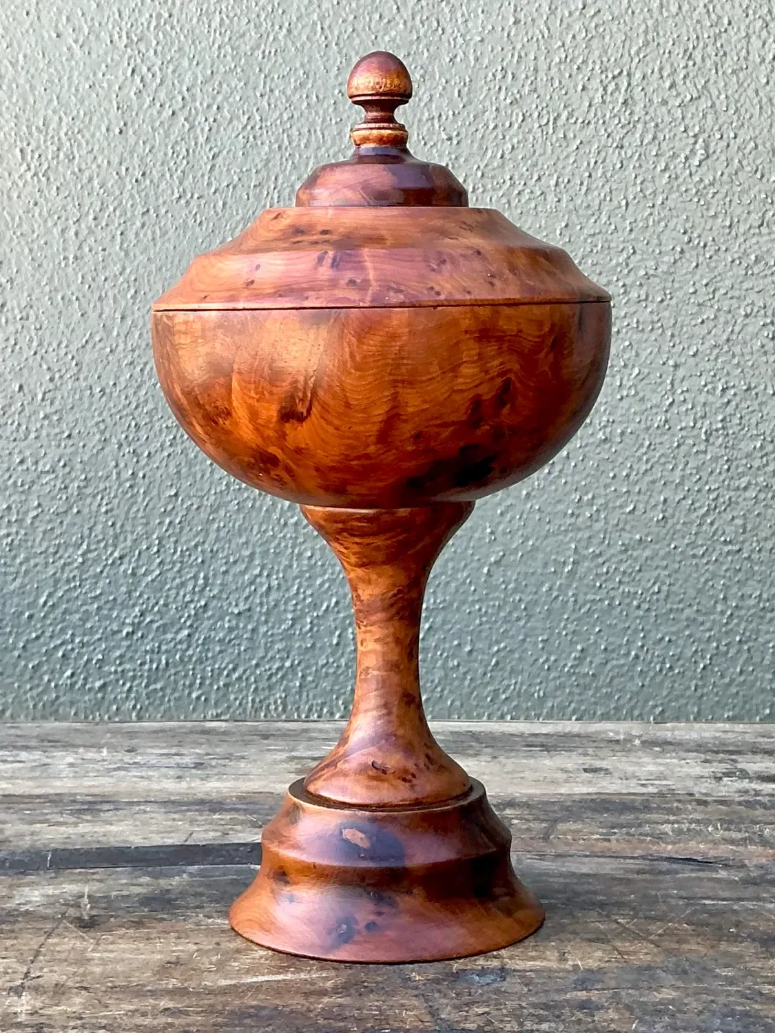 Vintage Turned Burl Wood Lidded Bowl on Pedestal — additional photo 4