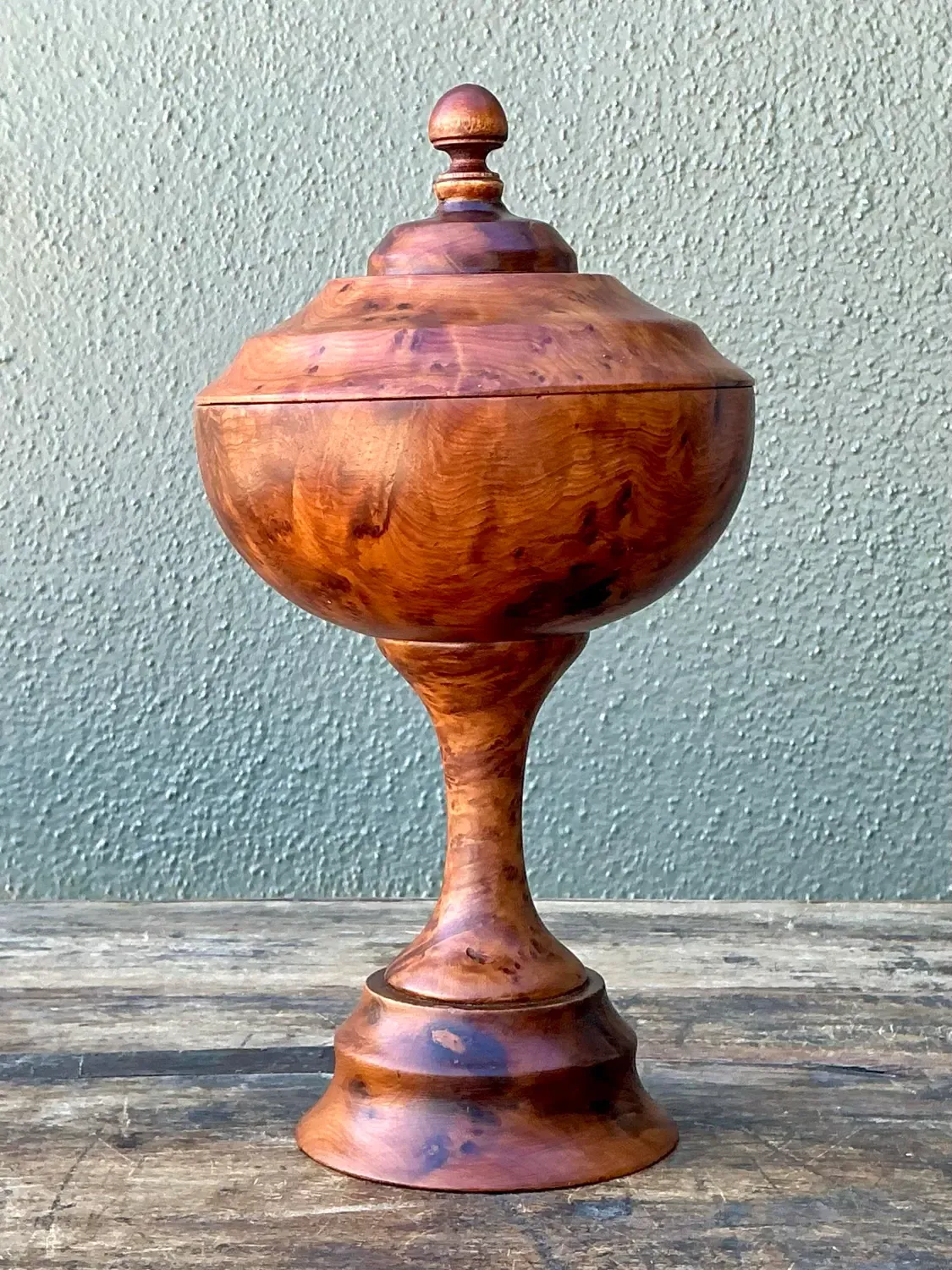 Vintage Turned Burl Wood Lidded Bowl on Pedestal — additional photo 5