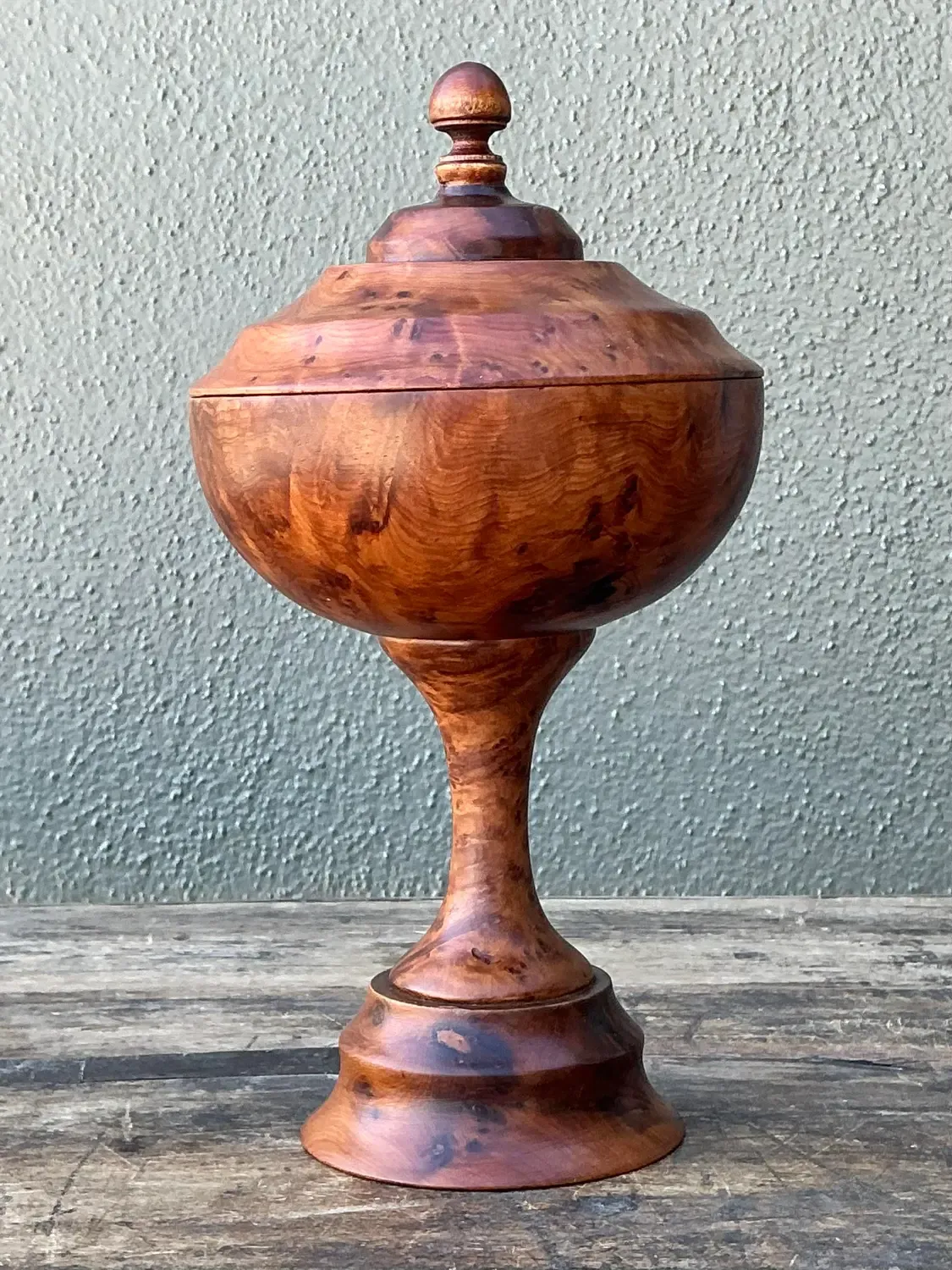 Vintage Turned Burl Wood Lidded Bowl on Pedestal — additional photo 6