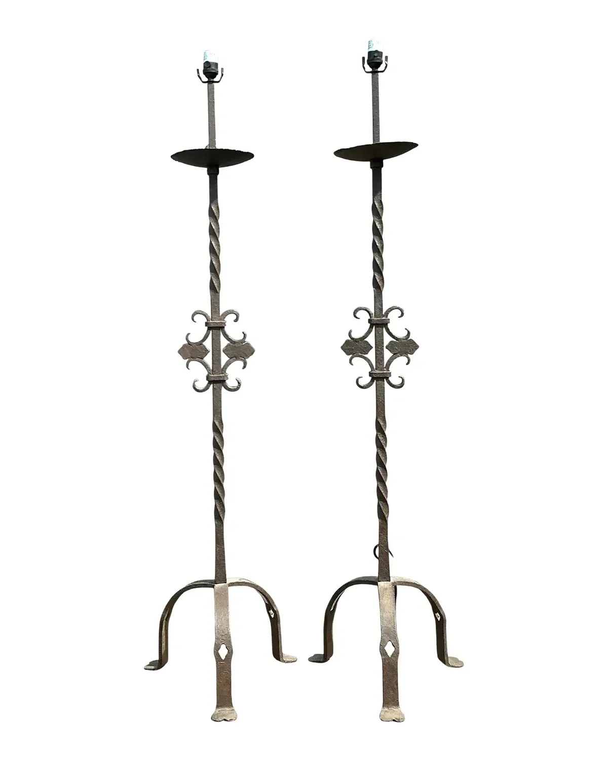 Vintage Twisted Wrought Iron Floor Lamps - A Pair