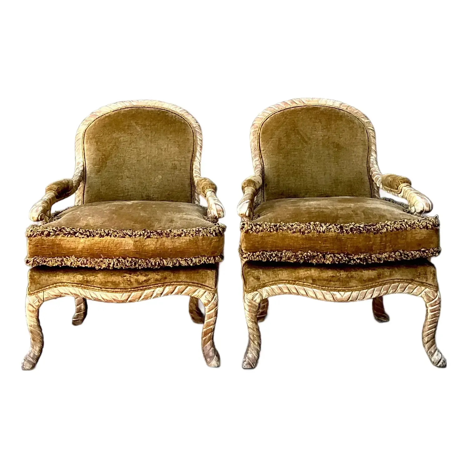 Vintage Velvet Fauteuil Chairs With Caterpillar Fringe