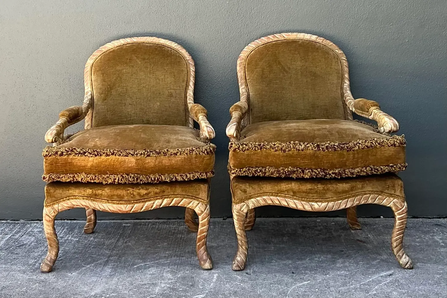 Vintage Velvet Fauteuil Chairs With Caterpillar Fringe — additional photo 2