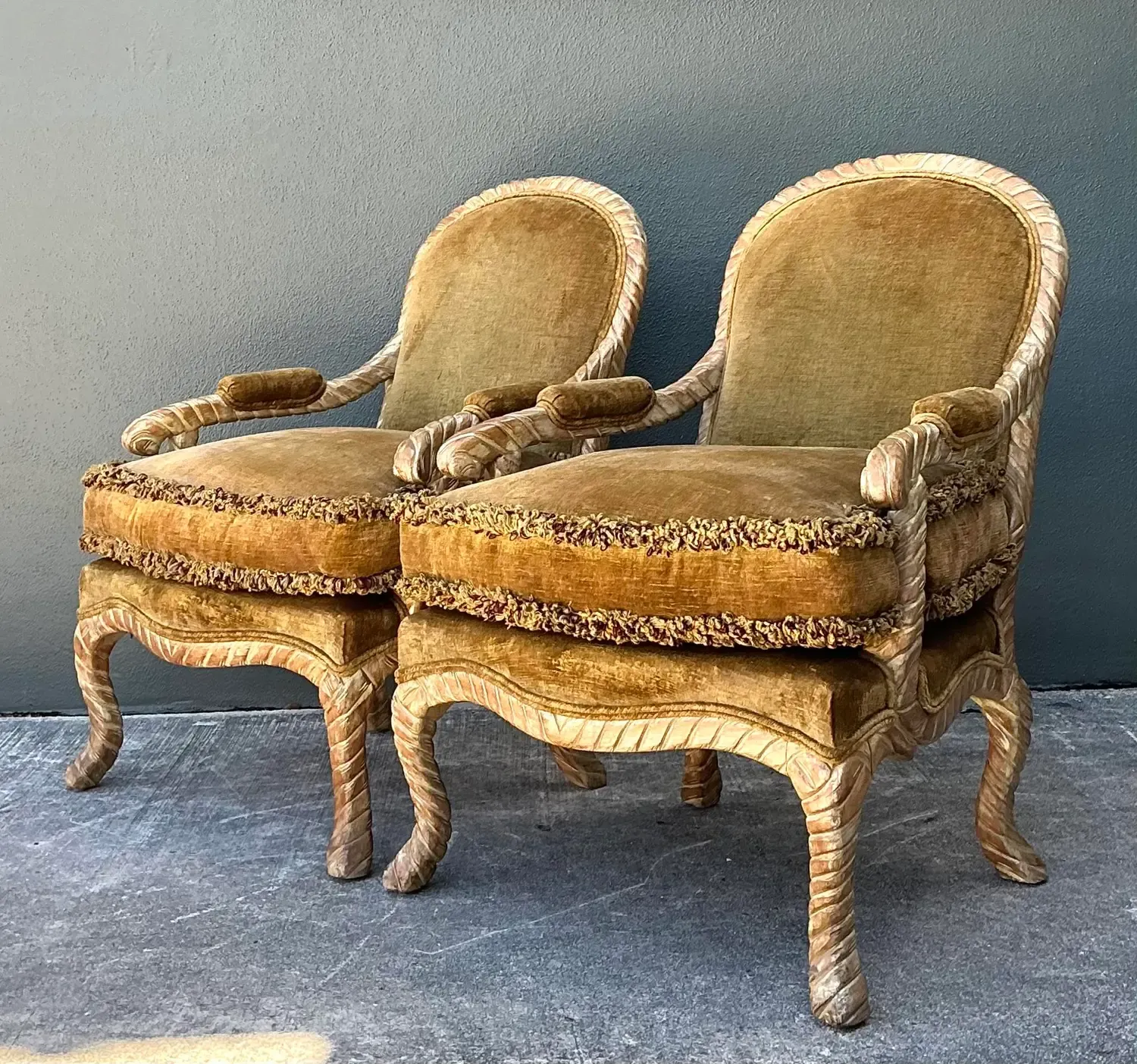 Vintage Velvet Fauteuil Chairs With Caterpillar Fringe — additional photo 3