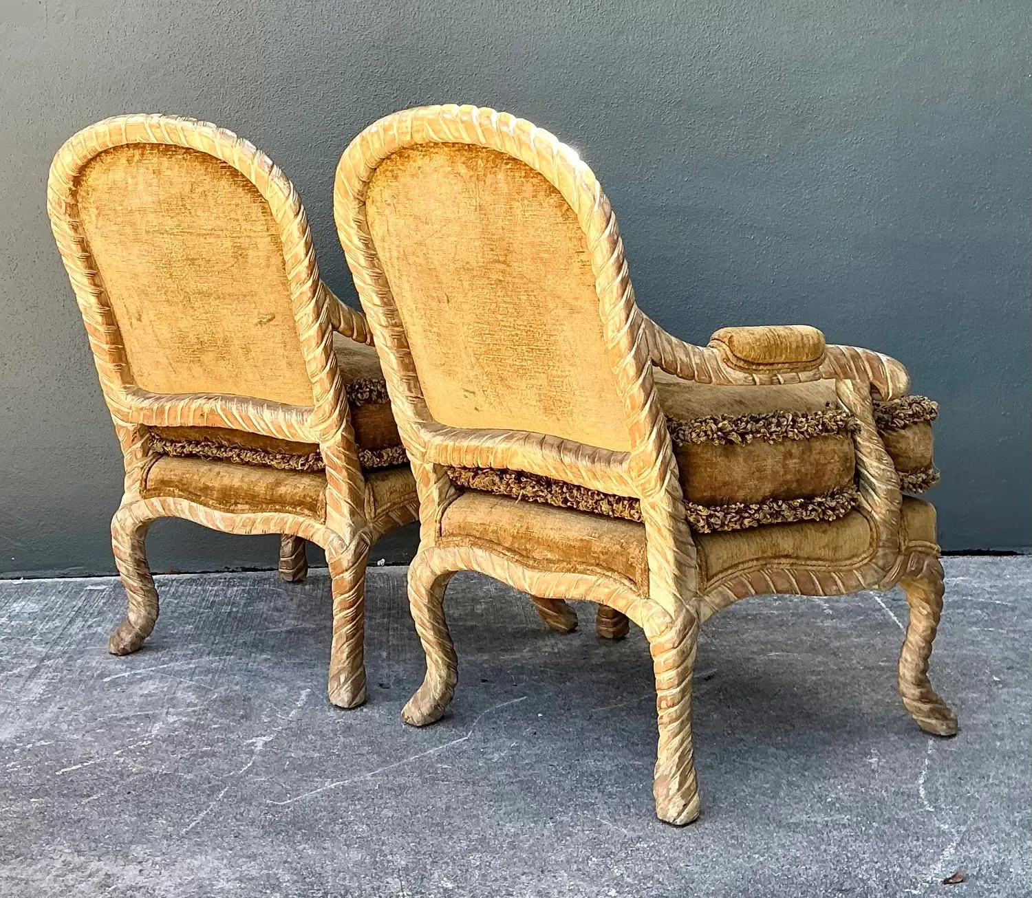 Vintage Velvet Fauteuil Chairs With Caterpillar Fringe — additional photo 4