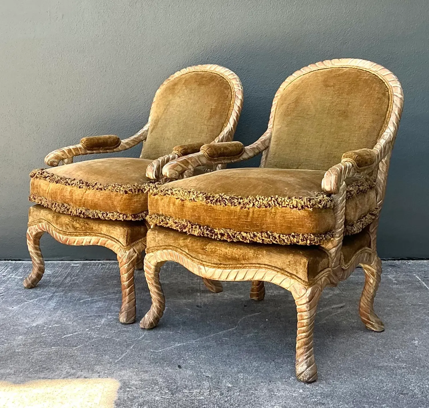 Vintage Velvet Fauteuil Chairs With Caterpillar Fringe — additional photo 7
