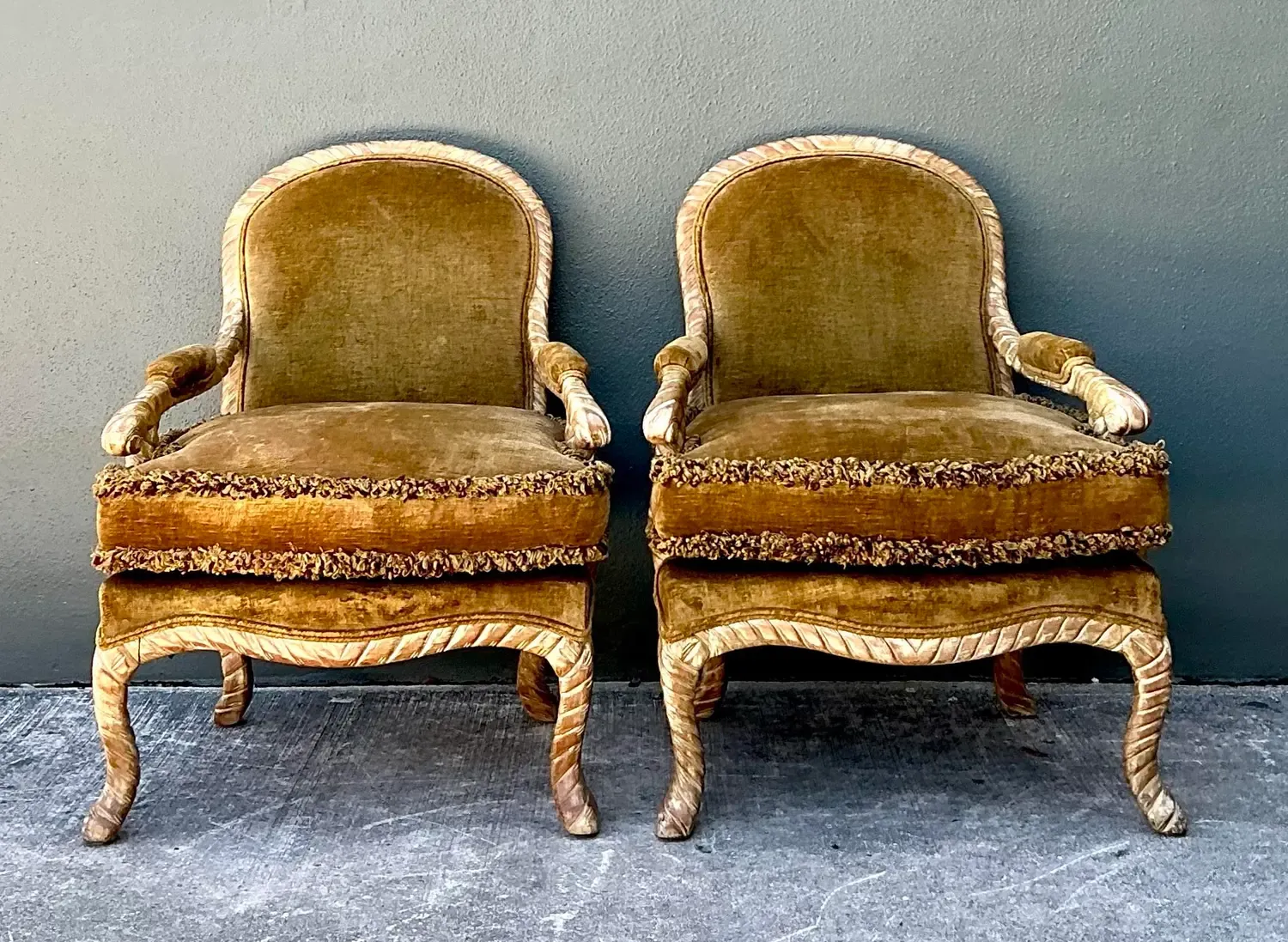 Vintage Velvet Fauteuil Chairs With Caterpillar Fringe — additional photo 8