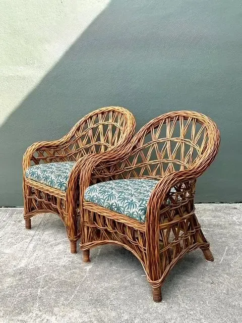 Vintage Woven Rattan Lounge Chairs - A Pair - Fabric, 25.5W x 34.25H — additional photo 1