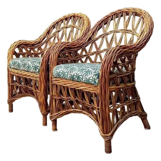 Vintage Woven Rattan Lounge Chairs - A Pair - Fabric, 25.5W x 34.25H