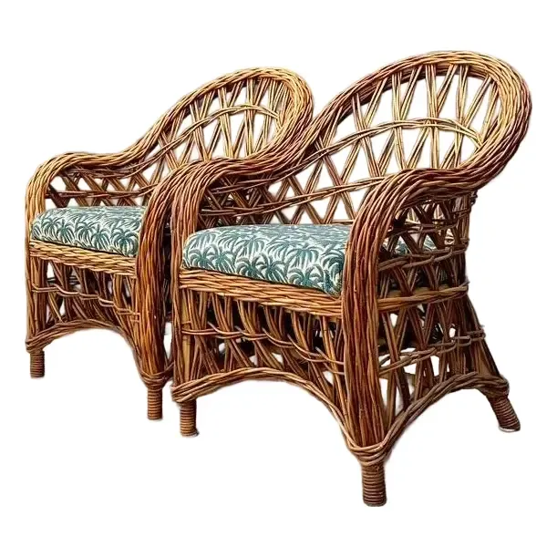 Vintage Woven Rattan Lounge Chairs - A Pair - Fabric, 25.5W x 34.25H — additional photo 2