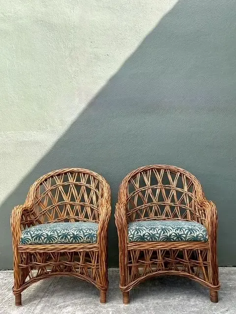 Vintage Woven Rattan Lounge Chairs - A Pair - Fabric, 25.5W x 34.25H — additional photo 3