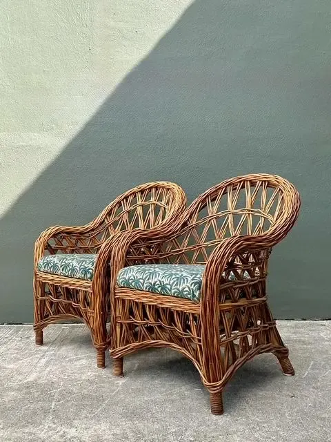 Vintage Woven Rattan Lounge Chairs - A Pair - Fabric, 25.5W x 34.25H — additional photo 8