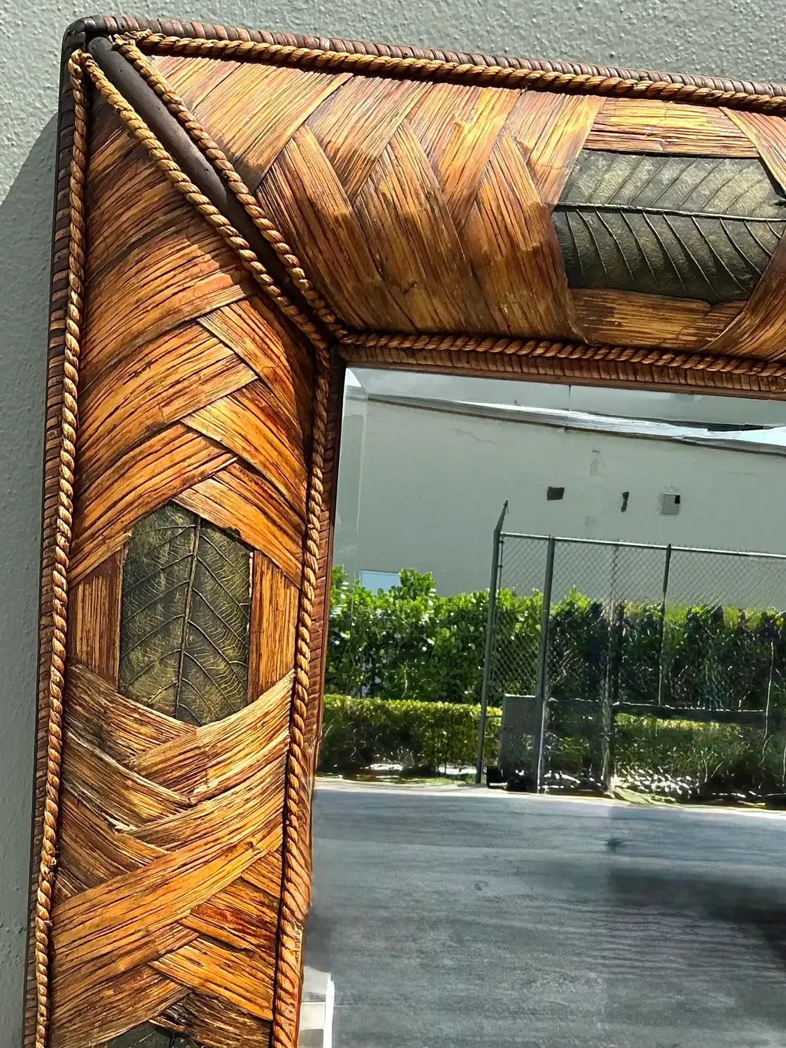 Vintage Wrapped Rattan Brass Leaf Mirror — additional photo 5