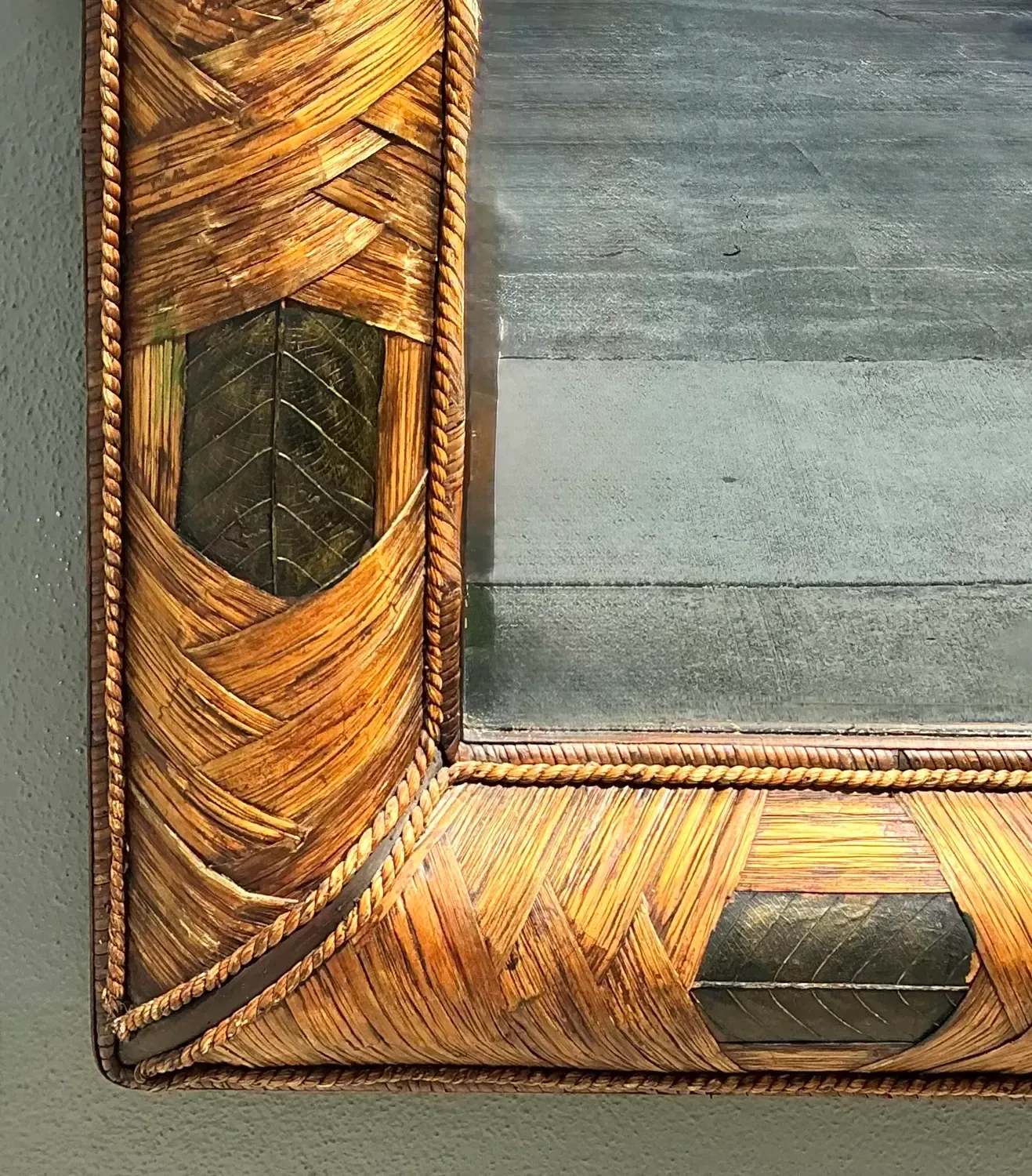Vintage Wrapped Rattan Brass Leaf Mirror — additional photo 6