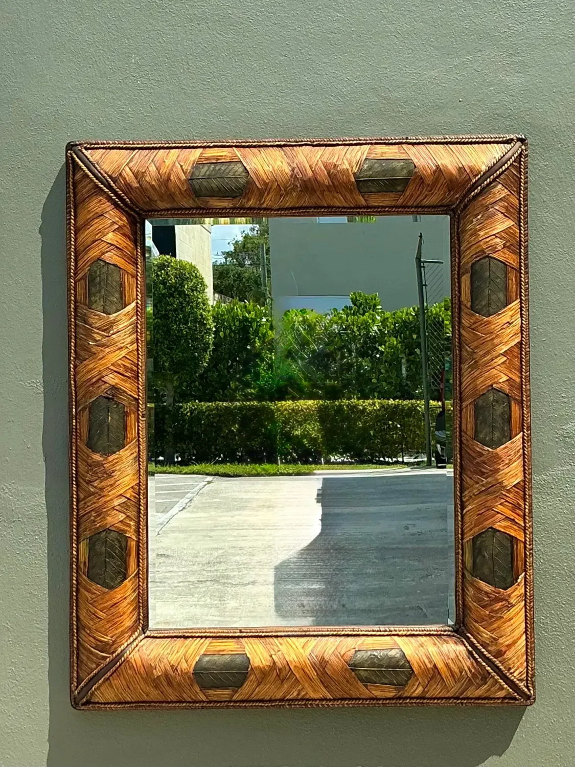 Vintage Wrapped Rattan Brass Leaf Mirror — additional photo 4