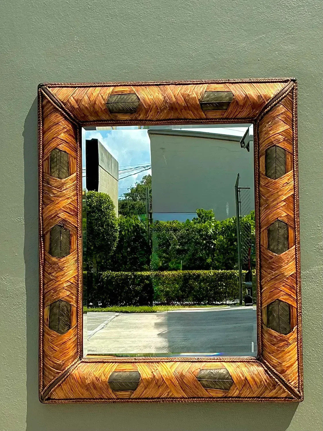 Vintage Wrapped Rattan Brass Leaf Mirror — additional photo 2