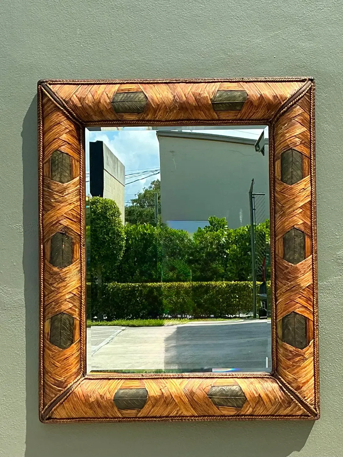 Vintage Wrapped Rattan Brass Leaf Mirror — additional photo 8