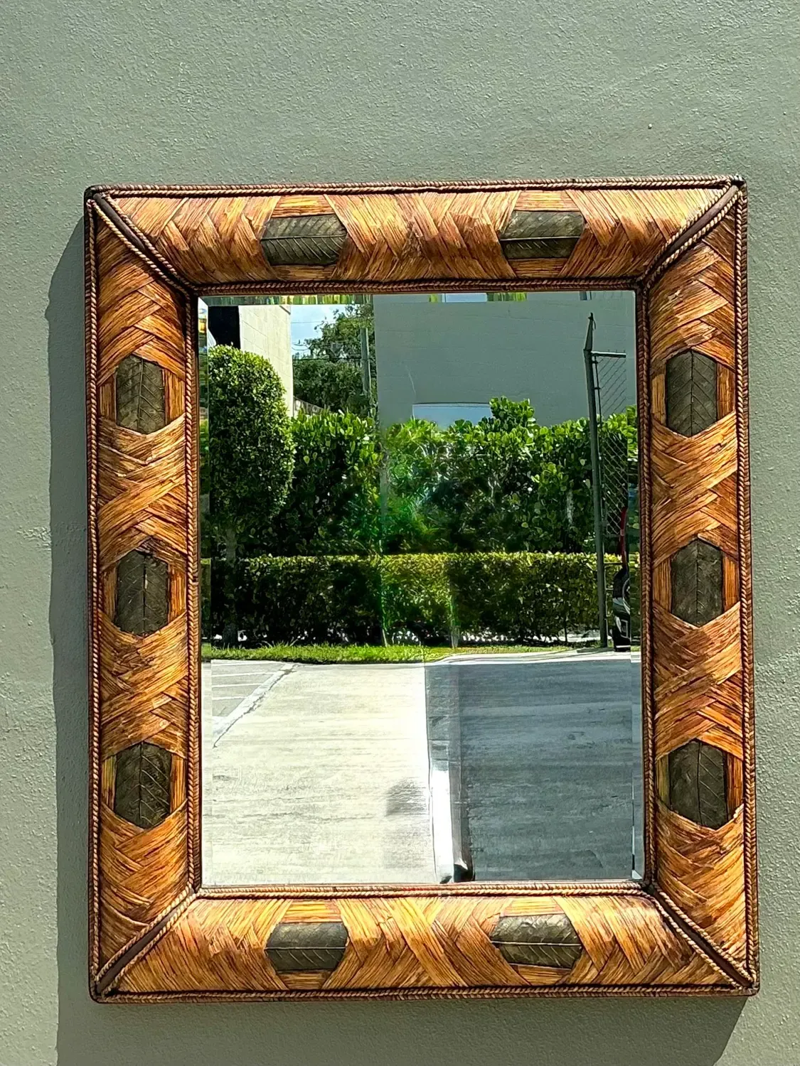 Vintage Wrapped Rattan Brass Leaf Mirror — additional photo 3
